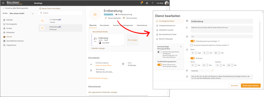 Microsoft Bookings: Dienste auch nachträglich bearbeiten.